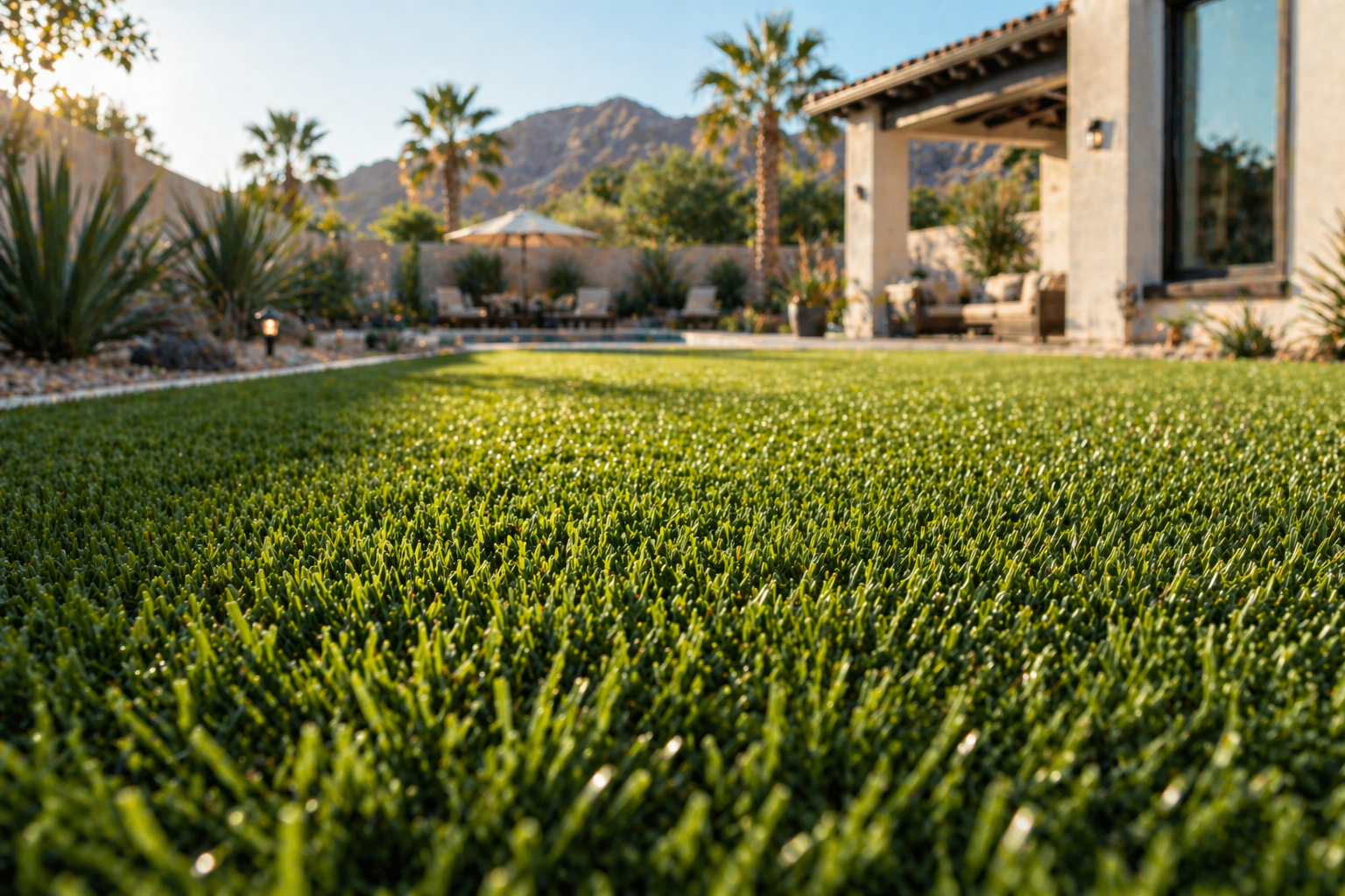 Lush green lawn in a desert-style yard beside a stucco home with palm trees in the background