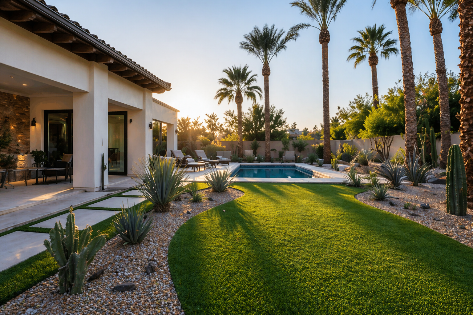 Modern desert backyard with pool, palm trees, green lawn, and patio at sunset