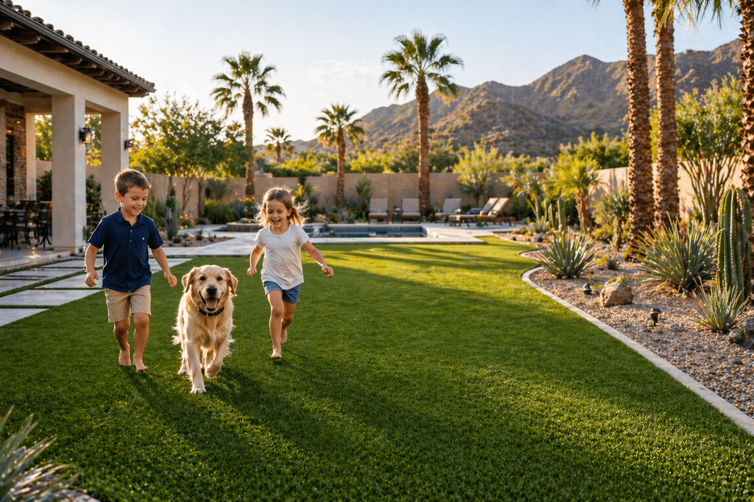 Two children and a dog running across a lush lawn in a sunny desert backyard with palm trees and mountains.