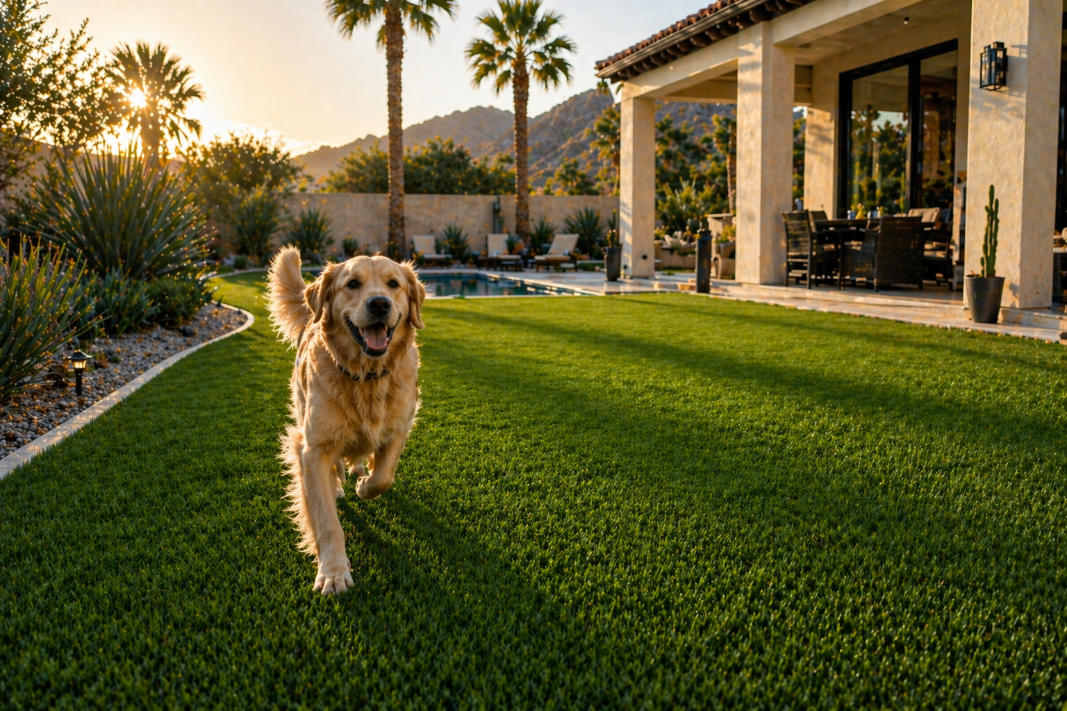 Golden retriever running across a green lawn beside a modern house at sunset