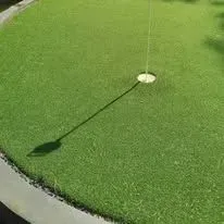 Golf hole with flagstick casting a long shadow on a bright green putting surface.