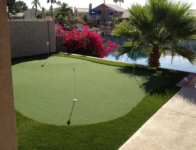 Backyard putting green beside a pool with palm tree and bright pink flowers