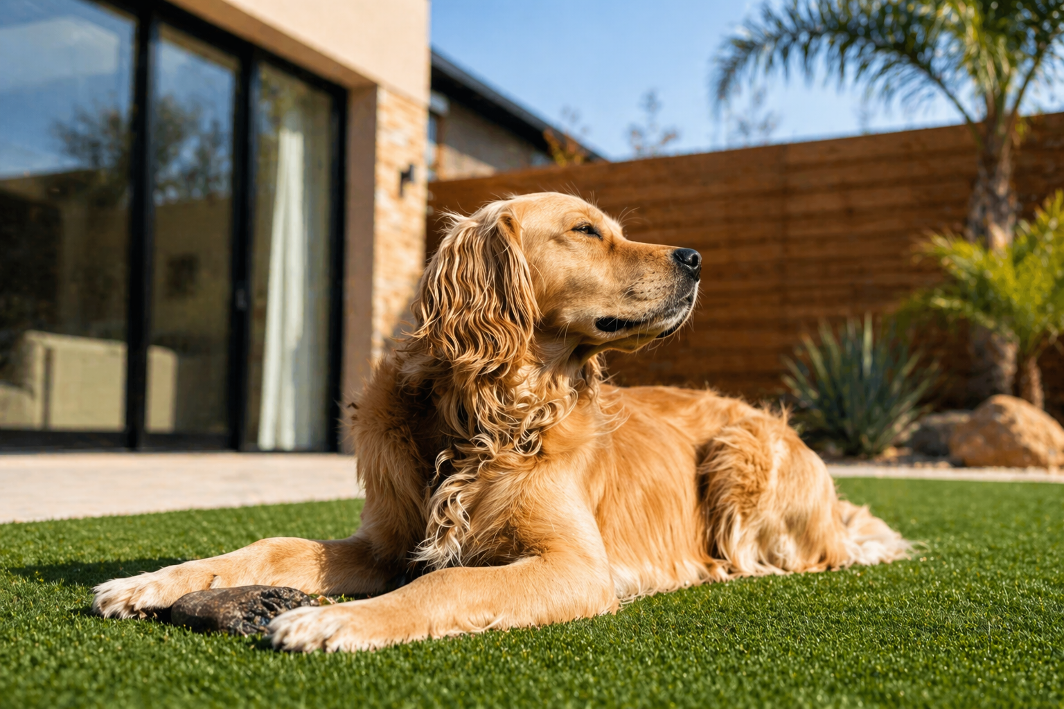 Golden retriever lying on green grass in a sunny backyard beside a modern house