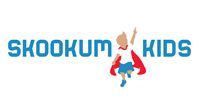 Skookum Kids logo with blue text and a small colorful child figure in the center