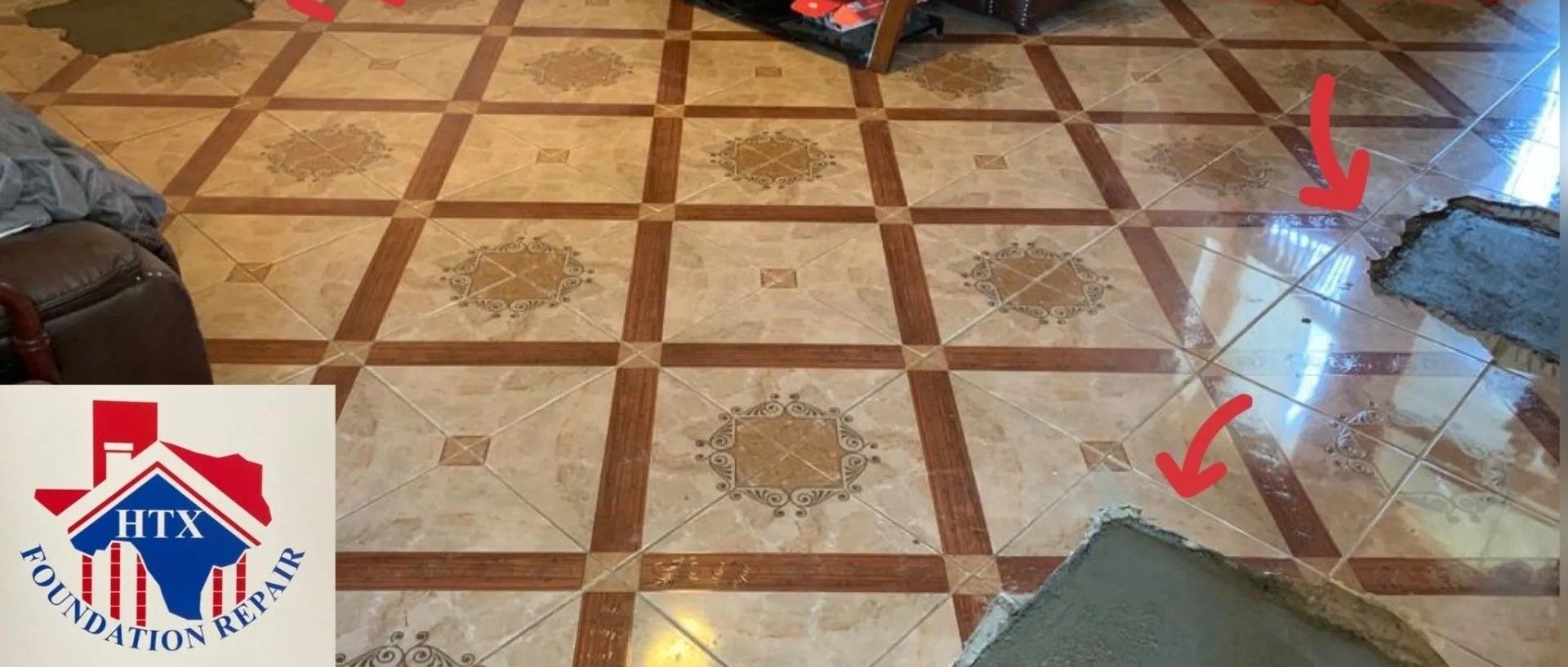 Indoor tiled floor with water spills and red arrows marking wet spots near a doorway