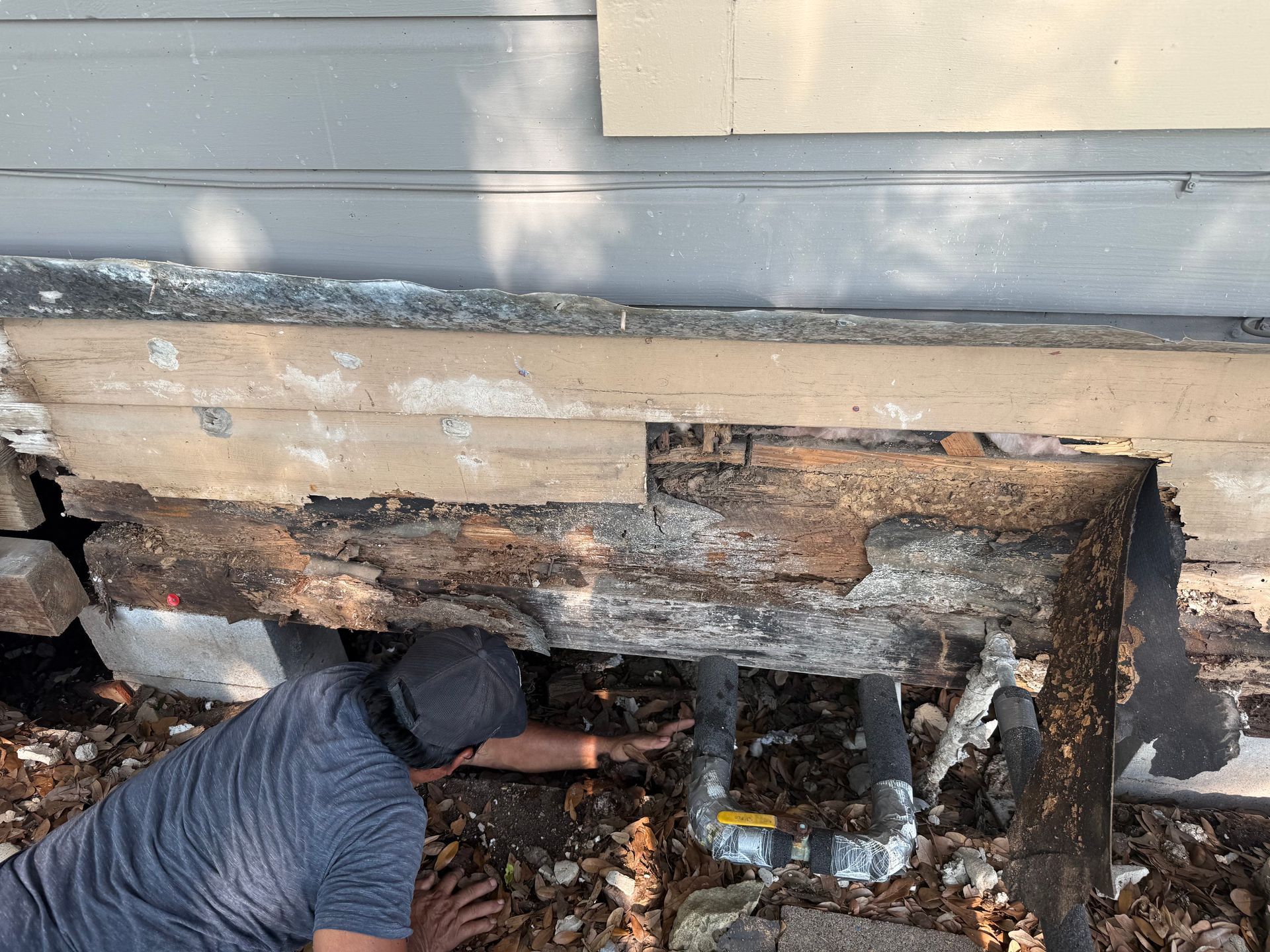Person inspecting severe rot and damaged siding under a house exterior, with exposed wood and debris