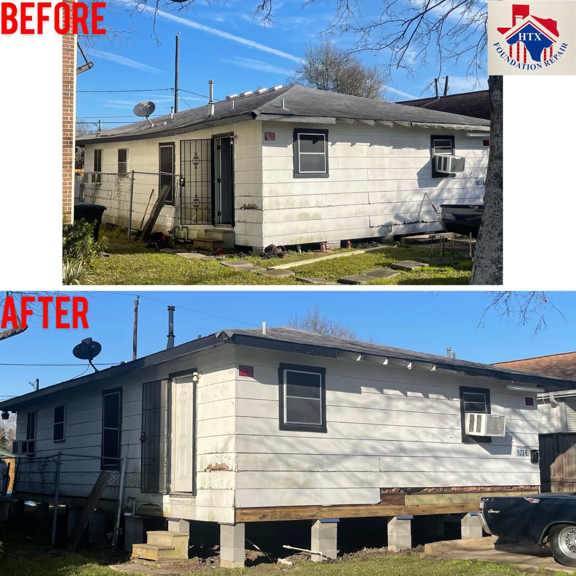 Before-and-after of a house raised on blocks, showing exterior renovation in a residential neighborhood.
