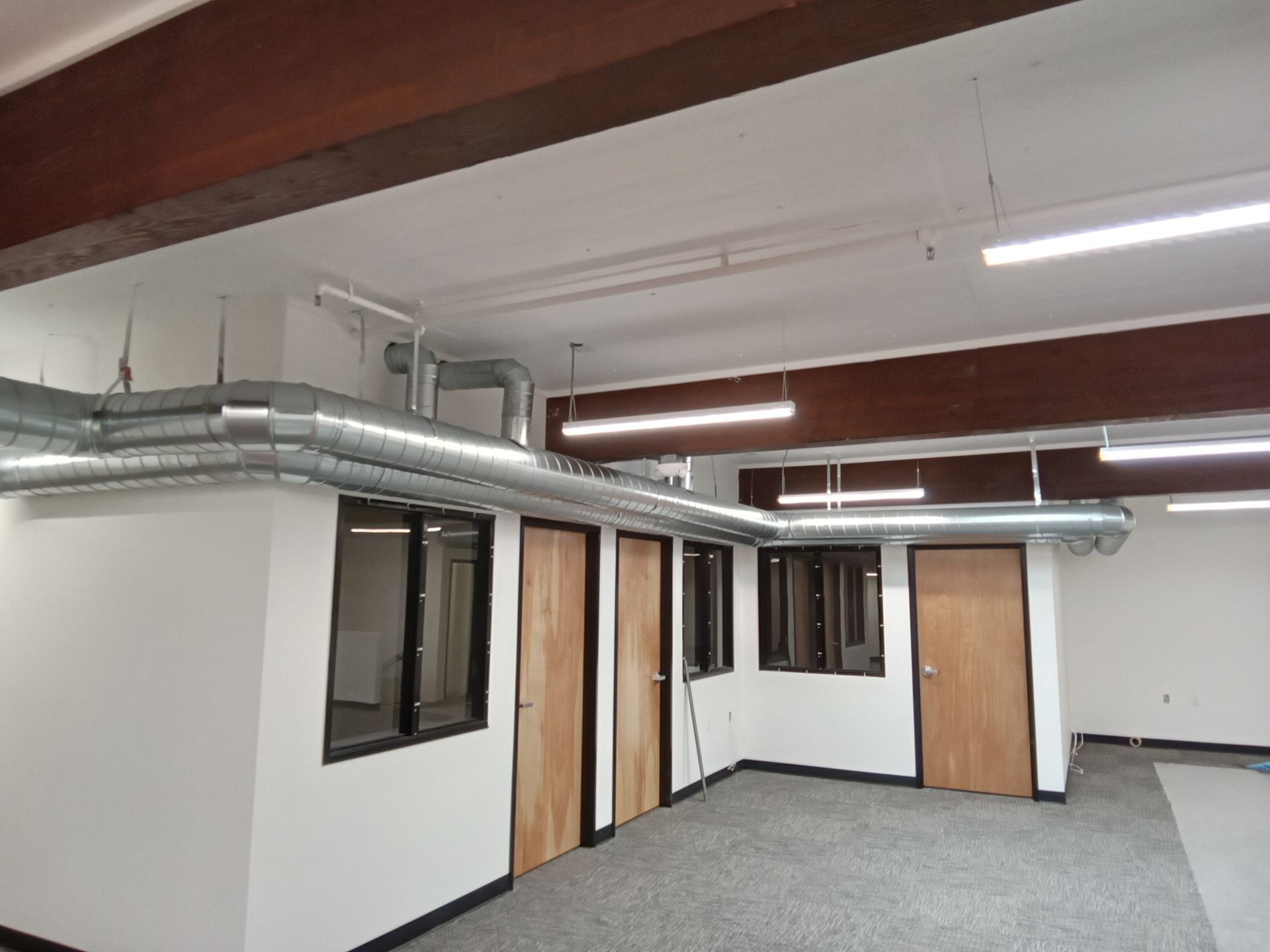 An empty room with a lot of windows and doors