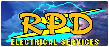 RPD Electrical Services logo in yellow and blue with lightning over a stormy purple background