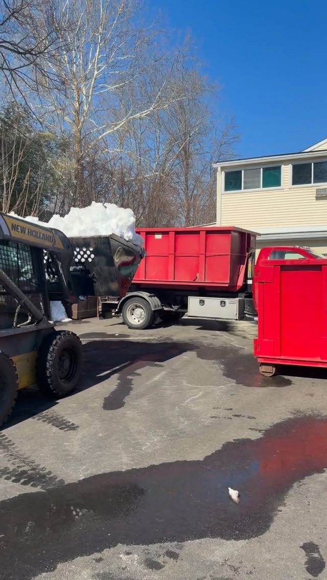Red dump trailer and red dumpster in a snowy driveway beside a house under a blue sky.