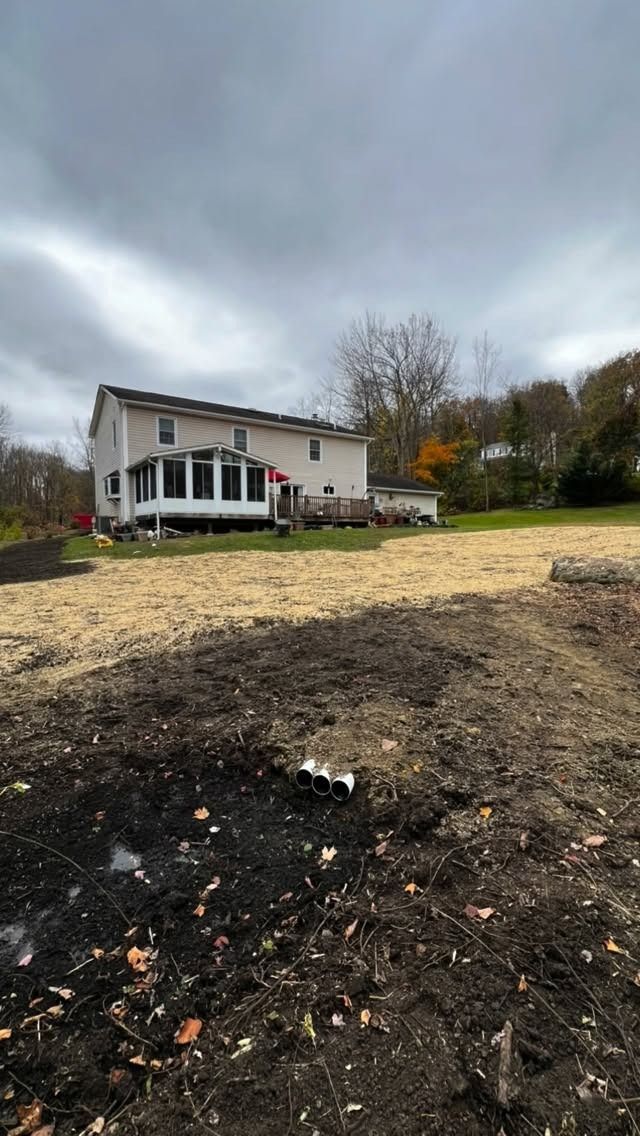 Two-story house with white columns beside a charred, cleared yard under a cloudy sky.