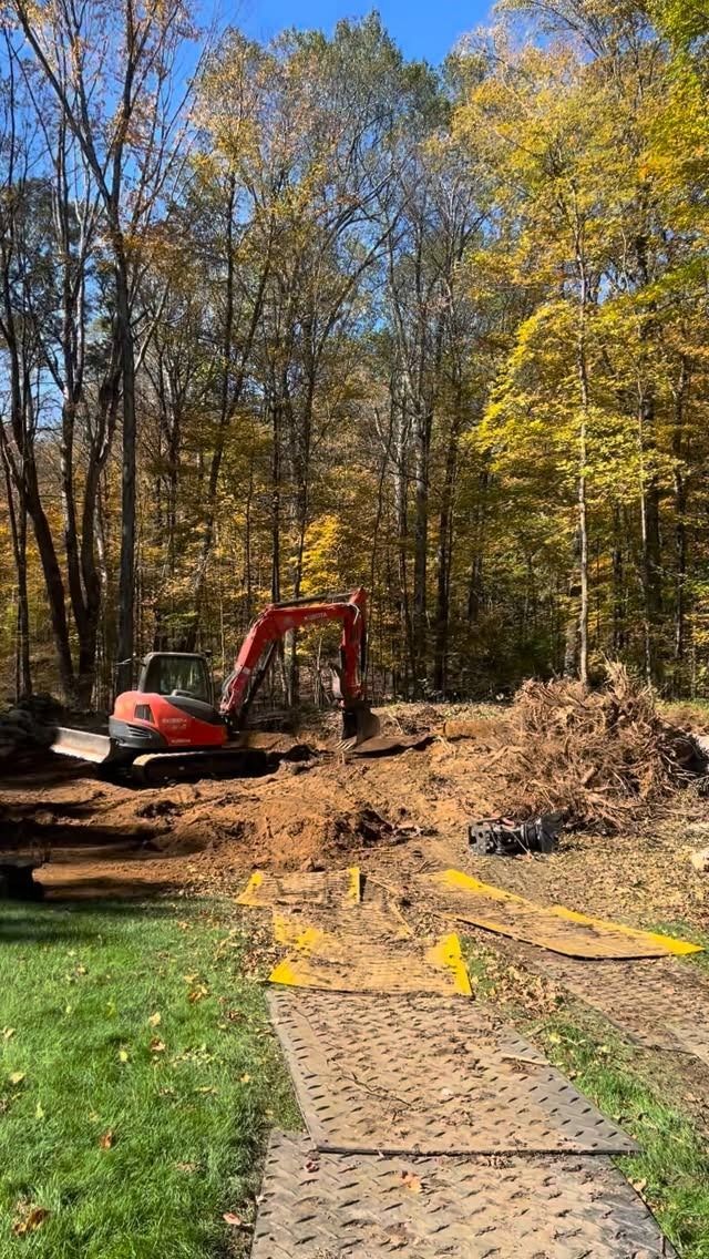 Red excavator clearing brush beside a grassy yard in a wooded area with autumn trees.
