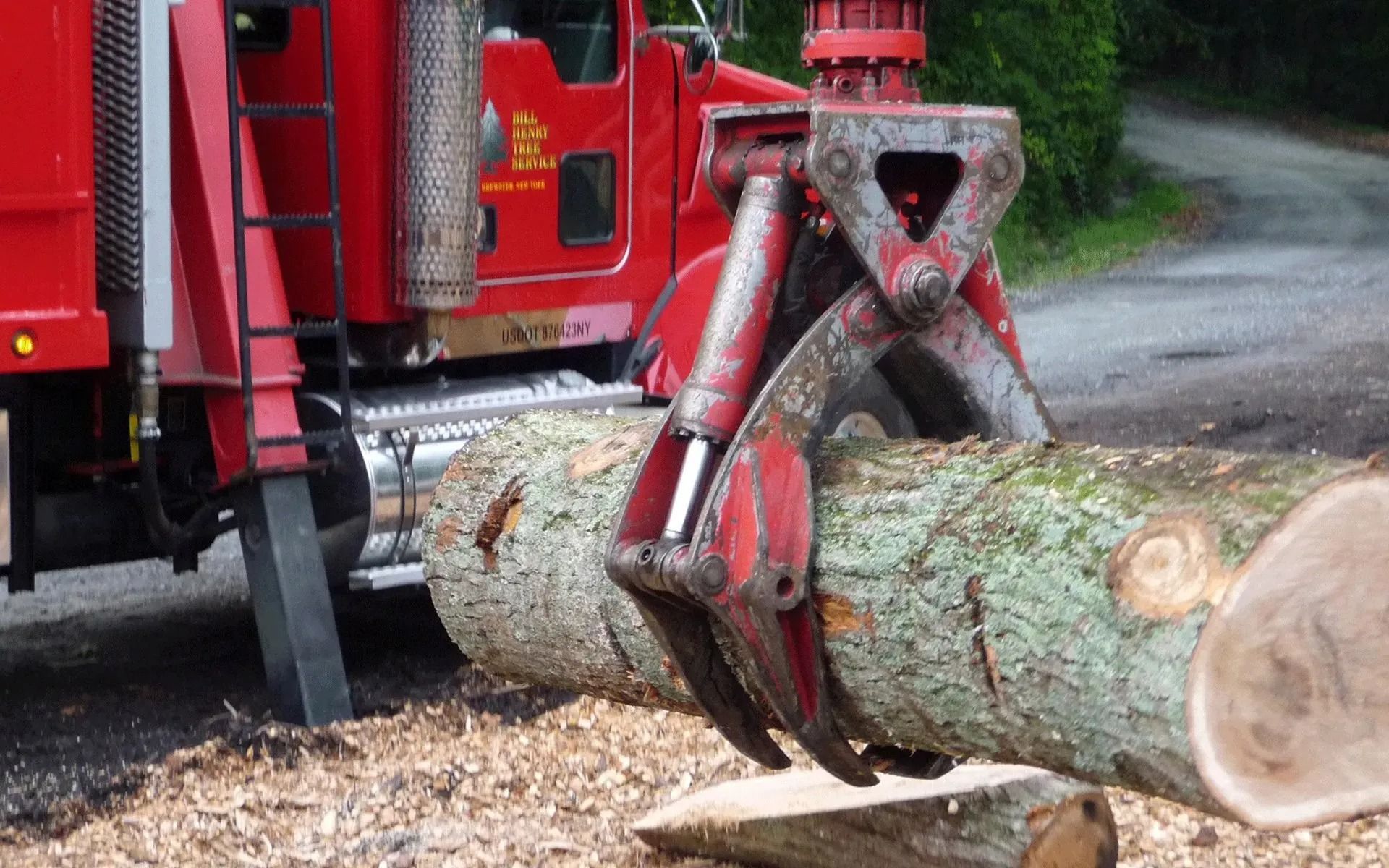 Red logging truck claw gripping a large cut tree trunk on a roadside