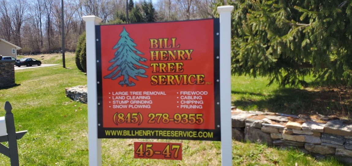 Red roadside sign for “Pitt Hill Nursery Tree Service” on a lawn, with trees in the background