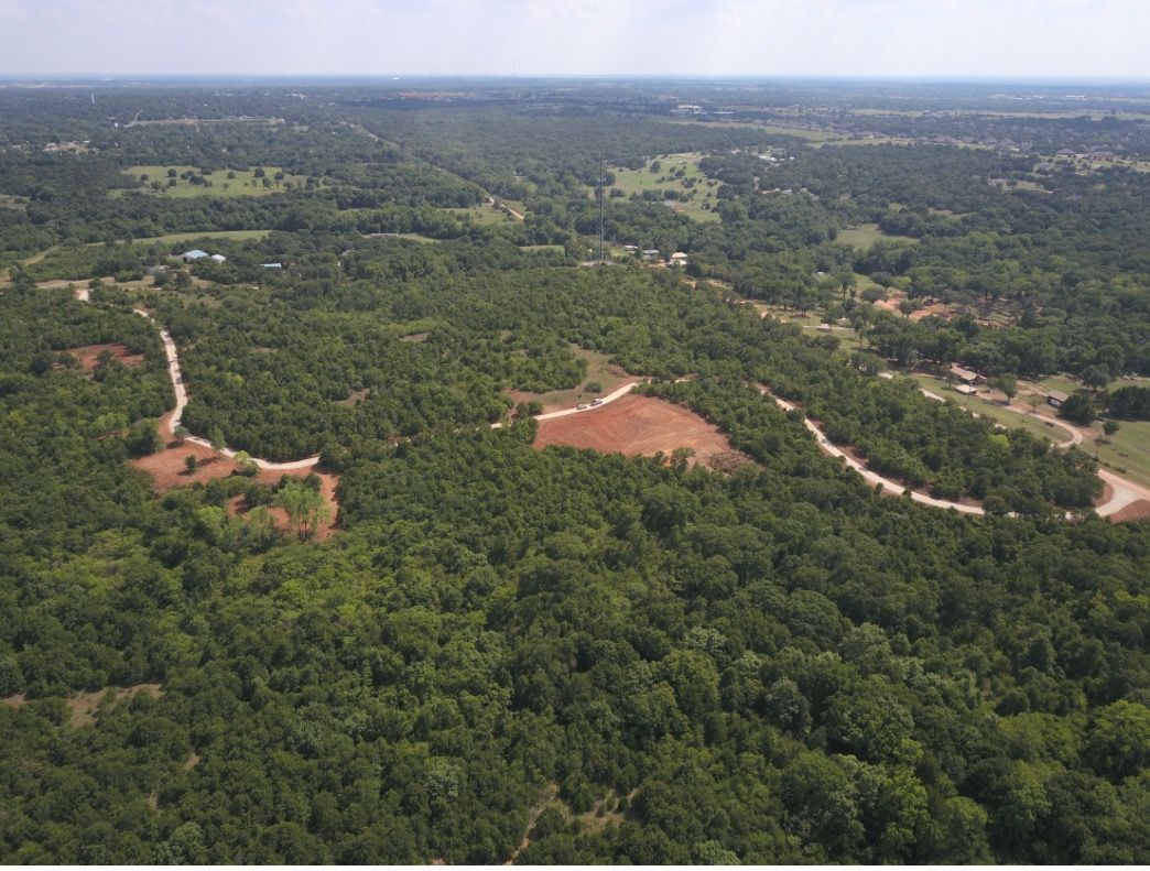 An aerial view of a lush green forest with a dirt road going through it.