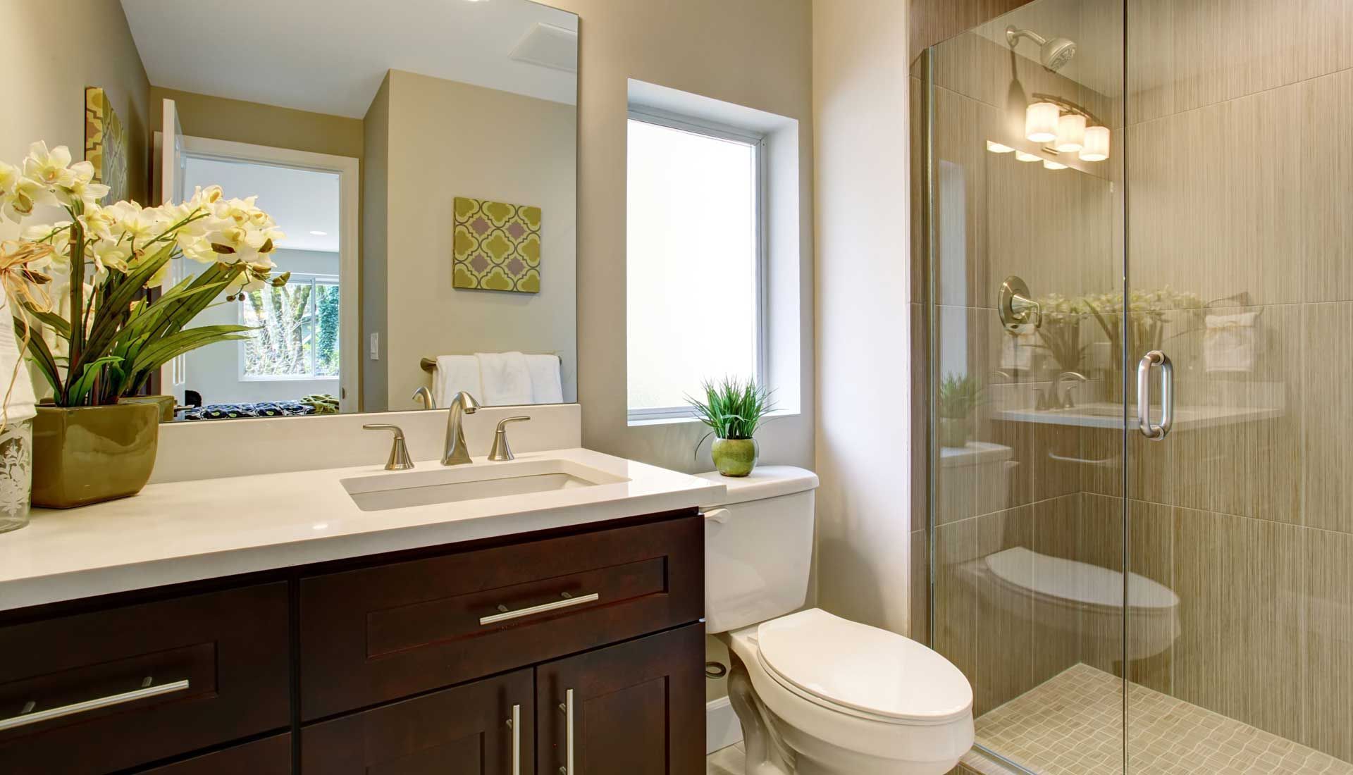 A bathroom with a toilet , sink , mirror and walk in shower.