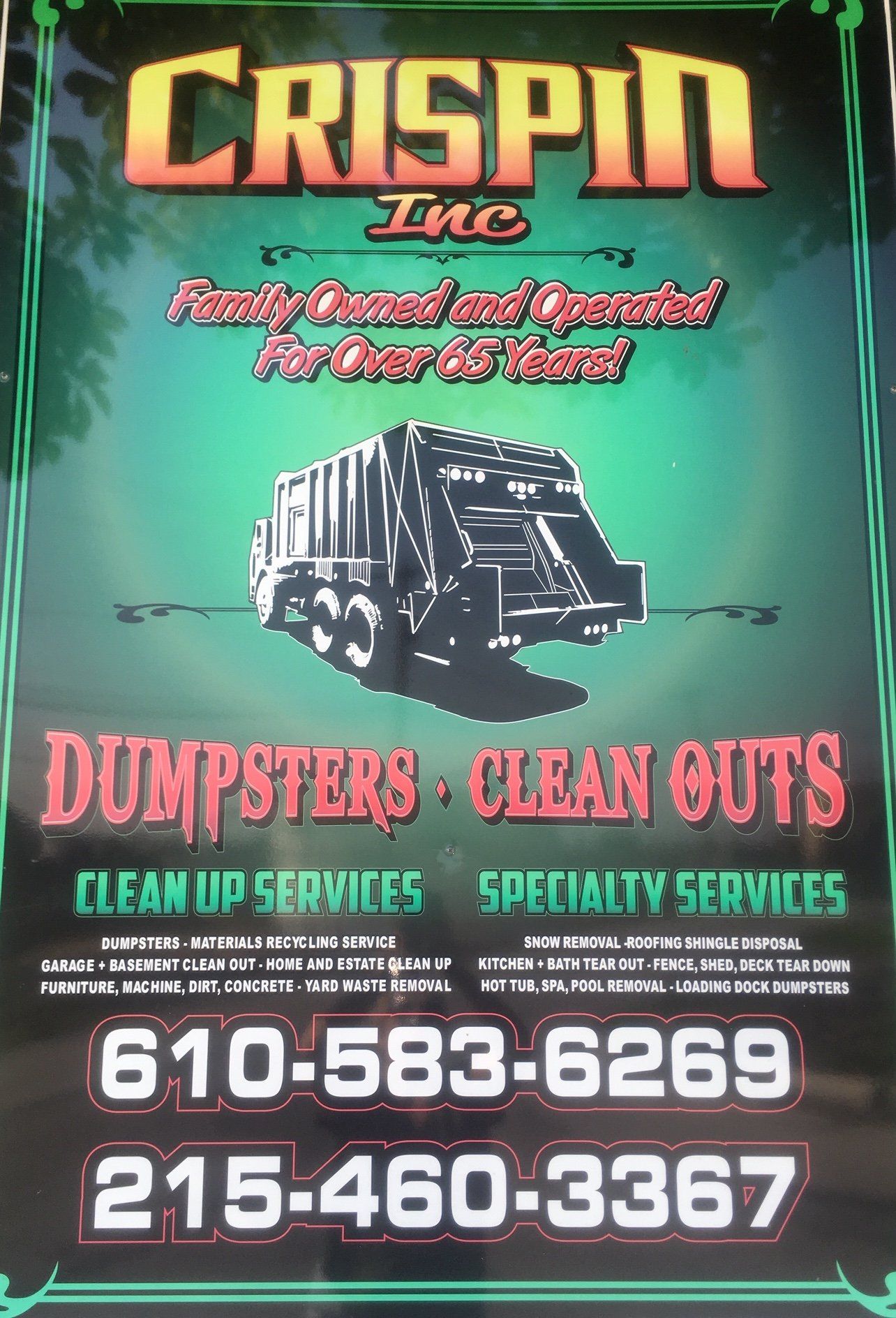 A black and green advertisement for Crispin Inc. featuring a garbage truck graphic, services, and two phone numbers.