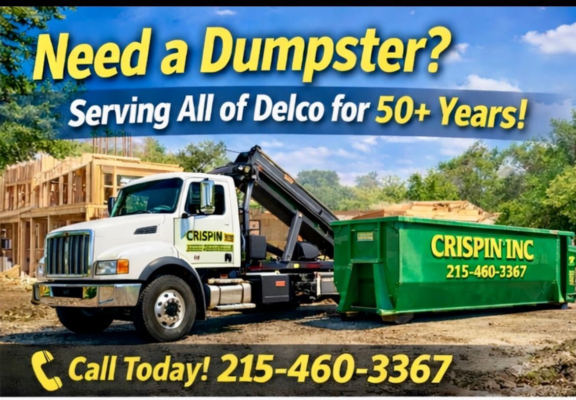 A Crispin Inc. white dump truck with a green dumpster on a construction site, with text advertising dumpster rentals.