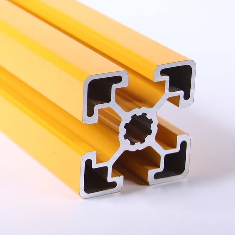A close up of a yellow aluminum frame on a white surface