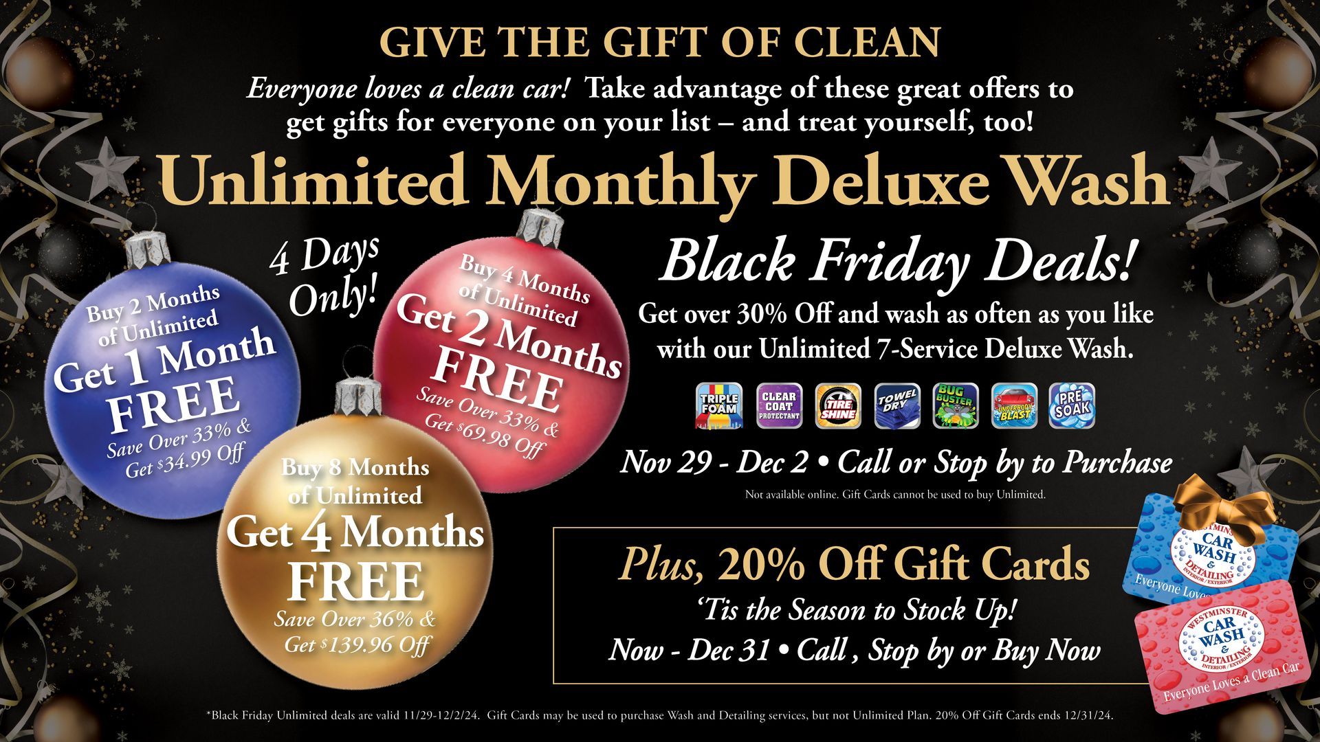 A poster for a car wash that says give the gift of clean unlimited deluxe wash black friday deals
