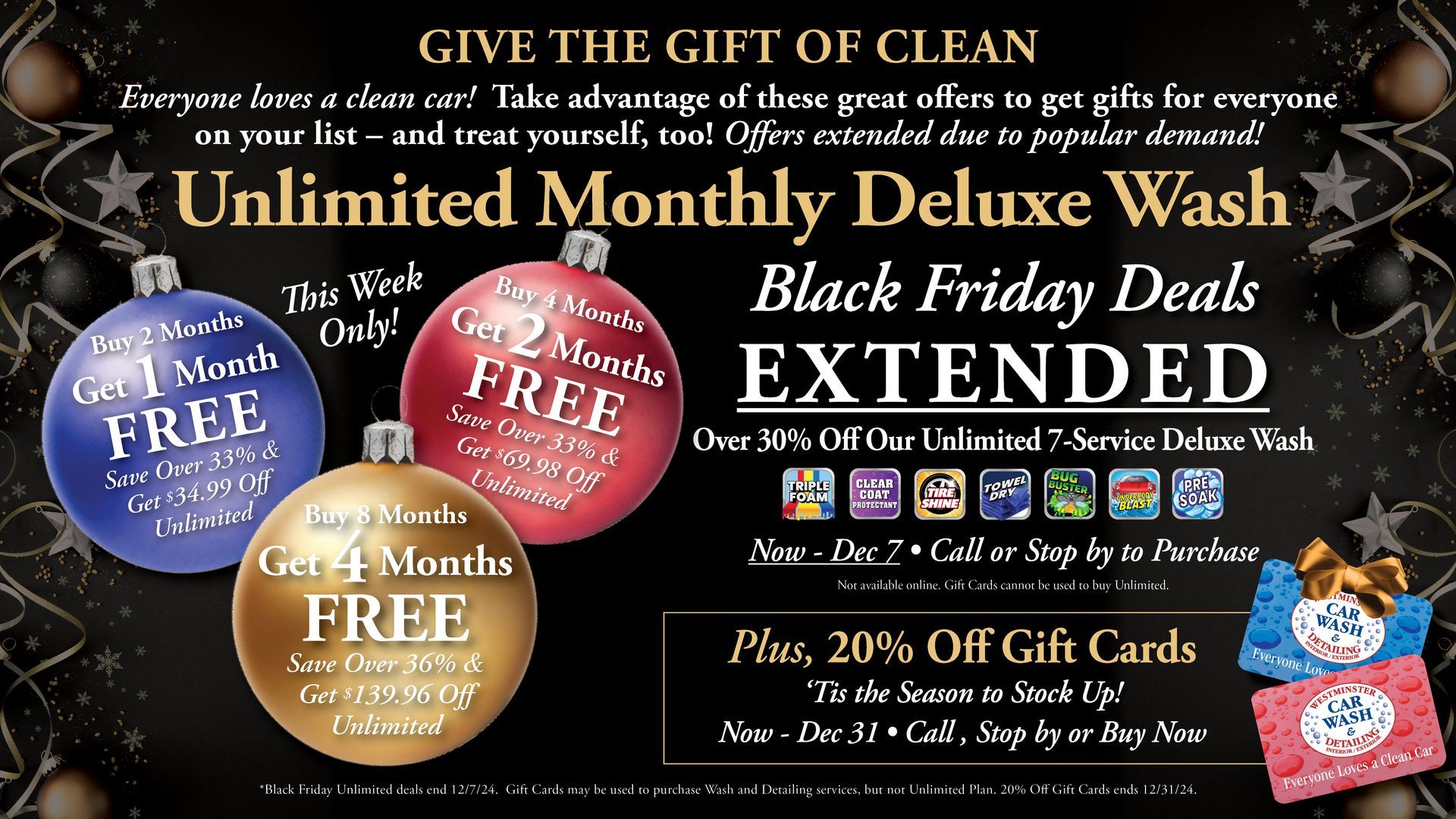 A poster for a car wash that says give the gift of clean unlimited deluxe wash black friday deals