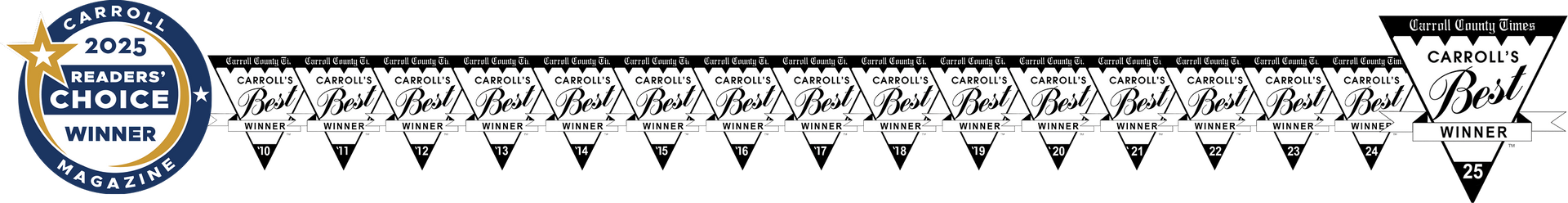 A banner with star-shaped emblem and text on triangular pennants.