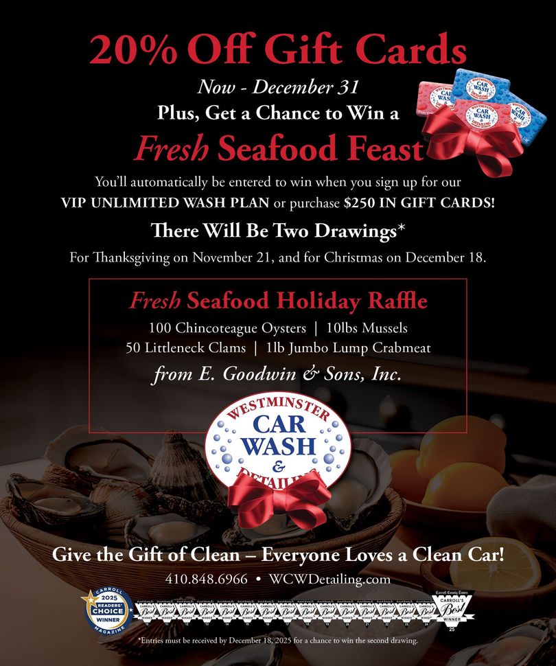 Advertisement: 20% off gift cards, contest to win seafood feast, from Washminister Car Wash & Detail.