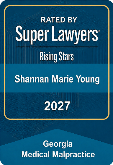 Blue award badge reading “Rated by Super Lawyers Rising Stars,” Shannan Marie Young, 2027, Georgia Medical Malpractice