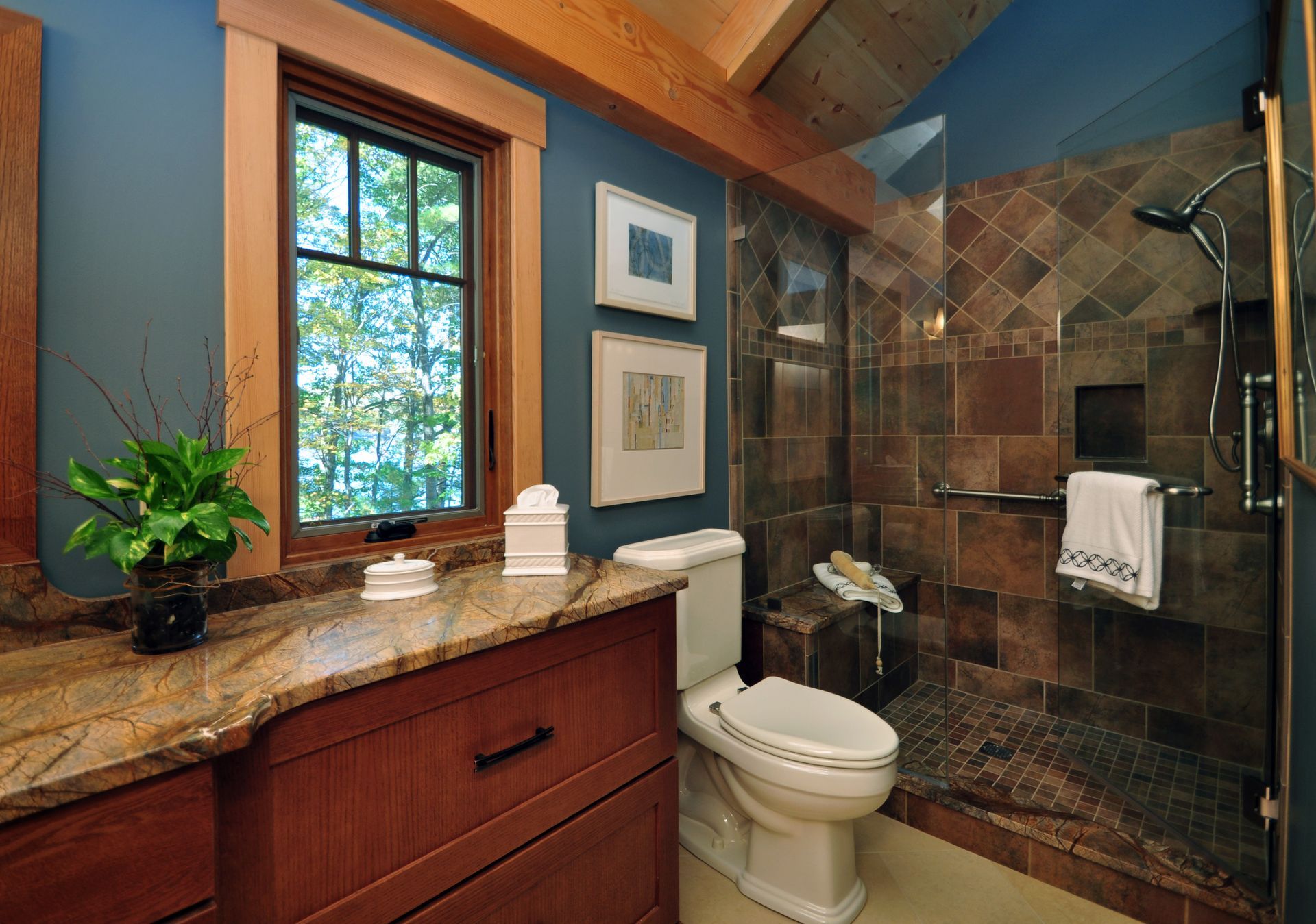 Bathroom with blue walls, wood cabinetry, and a walk-in shower with brown tile.