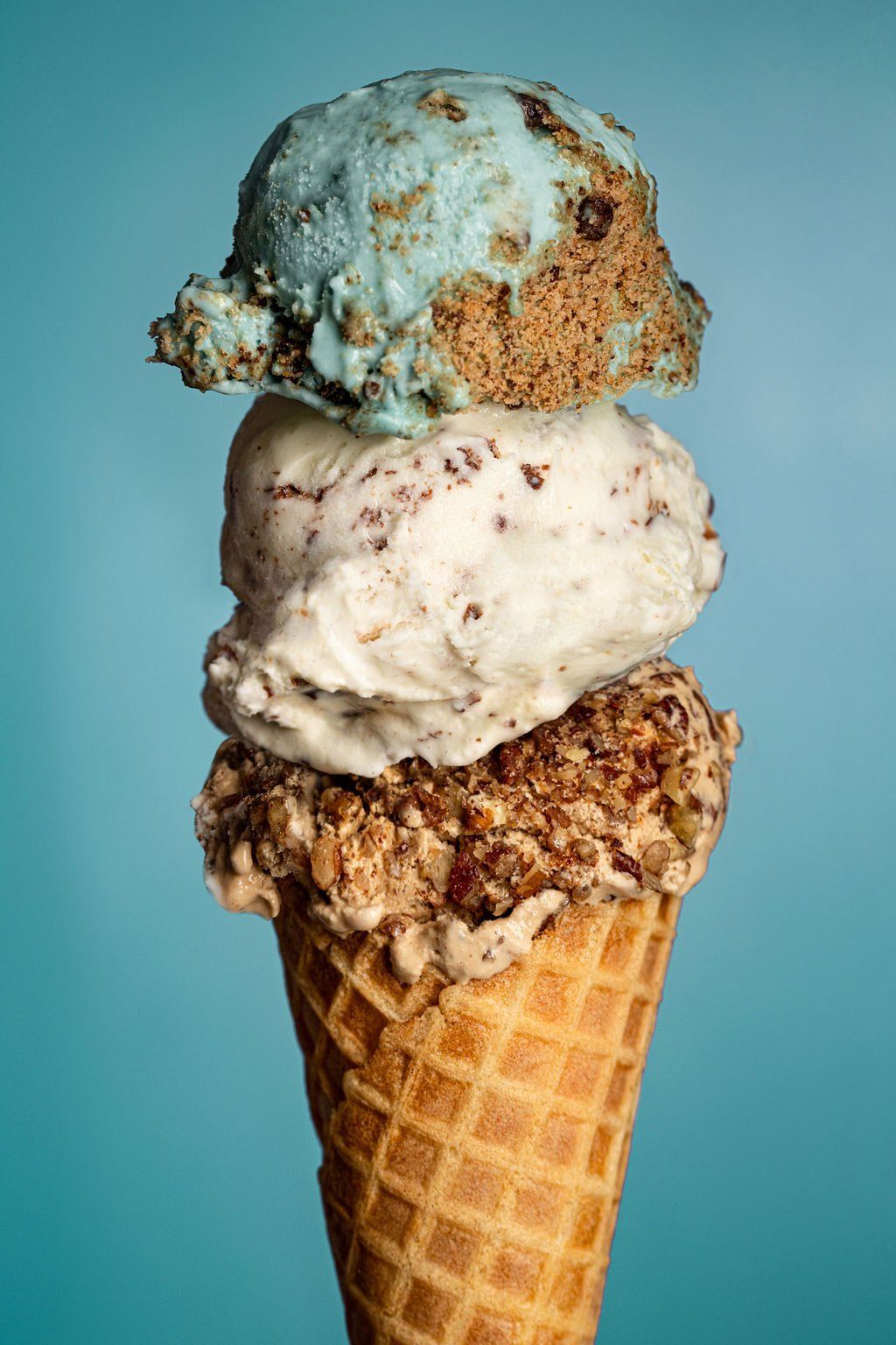 Different ice cream flavors on a cone