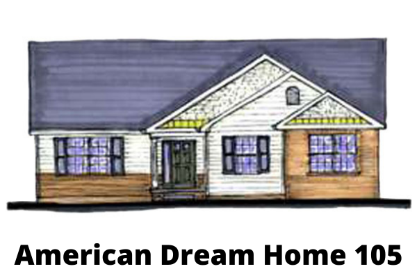 A drawing of an American Dream Home 105 with a blue roof