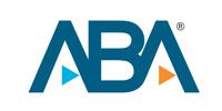 Logo of ABA, blue letters with orange and blue triangles.