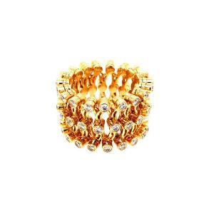 A gold ring with diamonds on a white background.