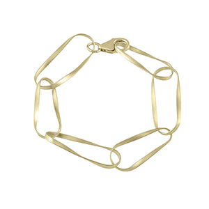A gold bracelet with a clasp on a white background