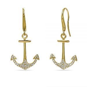 A pair of gold anchor earrings with diamonds on a white background.