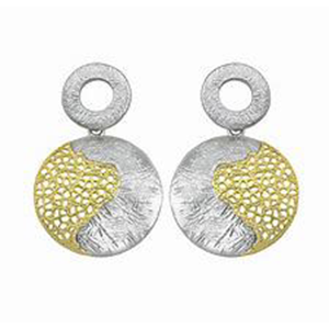A pair of silver and gold earrings on a white background.