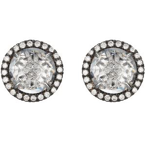 A pair of stud earrings with diamonds on a white background.