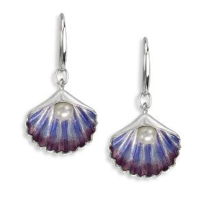 A pair of purple and white shell shaped earrings with a pearl.