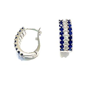 A pair of hoop earrings with blue and white stones on a white background.