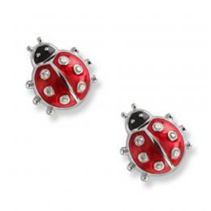 A pair of red ladybug stud earrings on a white background.