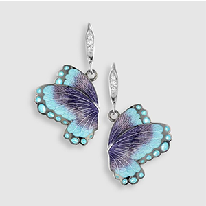 A pair of blue and purple butterfly earrings on a white background