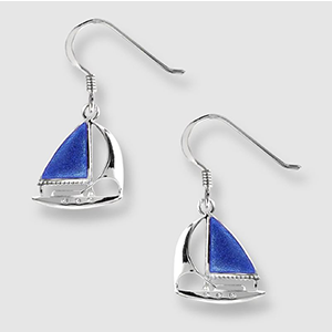 A pair of earrings with a blue sailboat on them