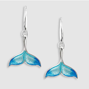 A pair of blue mermaid tail earrings on a white background
