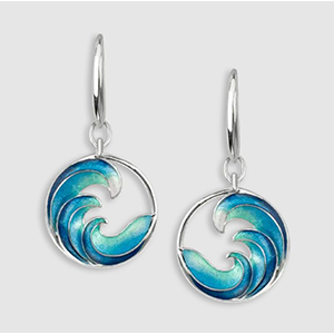 A pair of earrings with blue waves on them