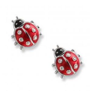 A pair of red ladybug earrings on a white background.
