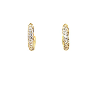 A pair of gold hoop earrings with diamonds on a white background.