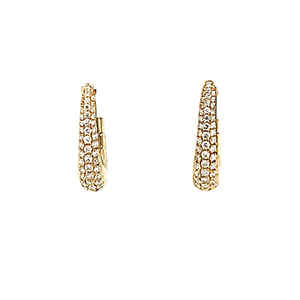 A pair of gold hoop earrings with diamonds on a white background.