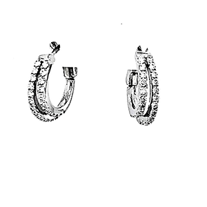 A pair of silver hoop earrings with diamonds on a white background.