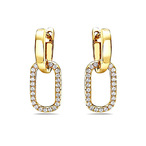 A pair of gold hoop earrings with diamonds on a white background.