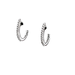 A pair of silver hoop earrings with diamonds on a white background.